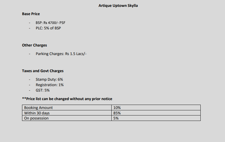 Payment Plan and Price List